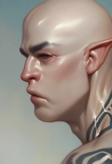 score_9, score_8_up, score_7_up, Portrait of a young male albino elf, with bald head and black tattoos and eye, oil painting, close to face, portrait