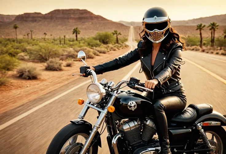 Polaroid cowboy shot photo of a woman with a vintage 70s aesthetic, shiny metallic skull masked helmet, black wavy hair, black leather outfit with intricate detail, warm tones, faded colors, cinematic, nostalgic feel, candid pose, riding a black motorbike ...