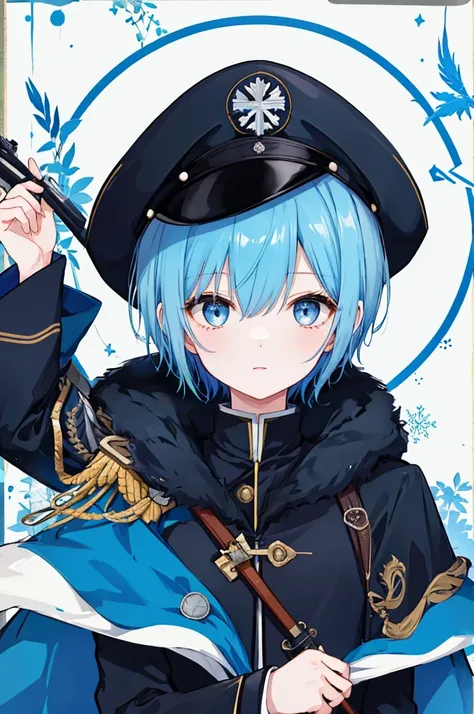 Girl、Blue hair short、Black cloak、German Officer Uniform