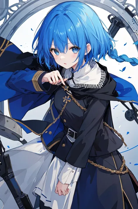 Girl、Blue hair short、Black cloak、German Officer Uniform