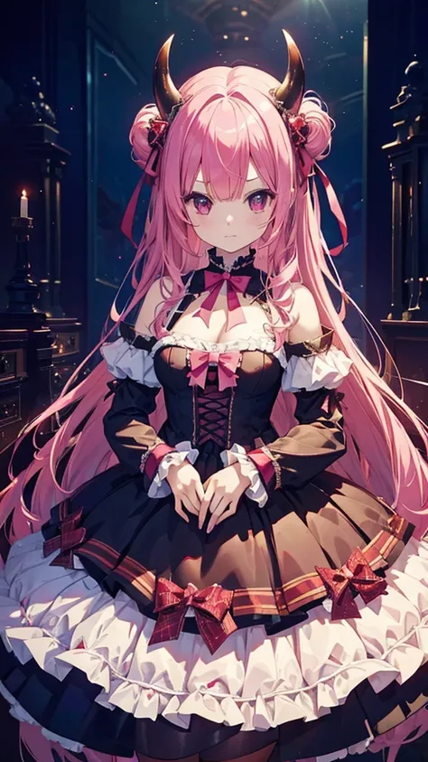 Devil horns, Devil Cosplay,Pink Hair, (masterpiece、Highest quality、Highest quality、Official Art、Beautiful and aesthetic:1.2)、(One Girl:1.3)、(Fractal Art:1.3)、Lolita、So cute