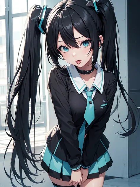 hatsune miku, emo, goth, black hair, school wear, showing the tongue, cat ears, big tits