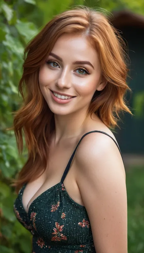 ultrarealistic high quality full body photo of a beautiful busty slim european 25-year-old woman with cute hyperdetailed shy face and natural redhead middle length hair and shy smile , realistic round hazel eyes, natural lips, dark eye makeup with eyeliner...