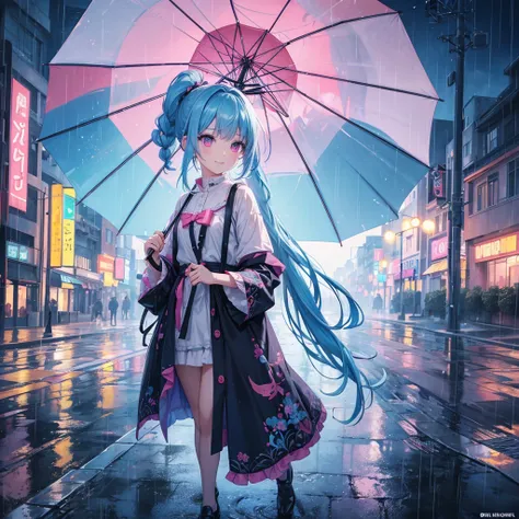 sky Blue hair, (braided ponytail),(pink eyes),fair skin ,(full body),(1 girl),smile,Straight Bangs,rainy,(masterpiece, best quality, ultra-detailed, best shadow), (detailed background), (beautiful detailed face), high contrast, (best illumination, an extre...