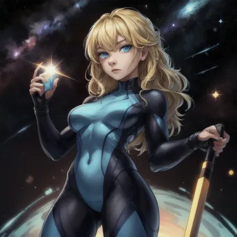 A portrait of an amazingly blonde woman with bright blue eyes, shes wearing a tight blue bodysuit, standing in the universe with a blue spar in her hand
