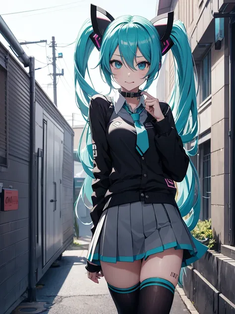 hatsune miku, emo, goth, black hair, school wear, showing the tongue, cat ears, wearing a collar