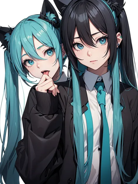 hatsune miku, emo, goth, black hair, school wear, showing the tongue, cat ears, wearing a collar