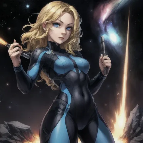 A portrait of an amazingly blonde woman with bright blue eyes, pale skin, shes wearing a tight blue bodysuit, standing in the universe with a blue spar in her hand
