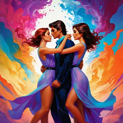 
painting of a couple baisering in front of a colorful background, Charlie Bowater et Artgeem, inspiré par Tim et Greg Hildebrandt, par Cyril Rolando, Boris Vallejo et Ilya Kuvshinov, une belle illustration d&#39;œuvre d&#39;art, baiser, juste une blague, ...