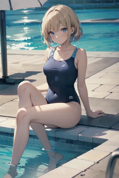 high quality、最high quality、Ultra-high resolution、Slender beauty、School Swimsuit、Gray Hair、Blonde Short Hair、Embarrassed look、Droopy eyes、Poolside