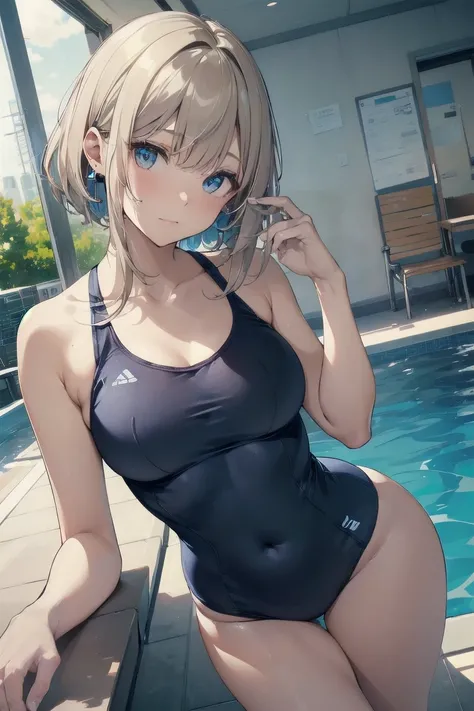 high quality、最high quality、Ultra-high resolution、Slender beauty、School Swimsuit、Gray Hair、Blonde Short Hair、Embarrassed look、Droopy eyes、Poolside