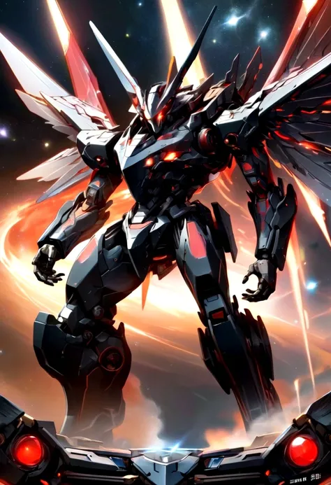 base black, red point, robot close-up, large mecha robot, cool robot,well-proportioned robot, flame, fight in space, Ray wings on the machine base on the back, super robot, sharp hands, Incredible Mecha Robot, strong image, small head