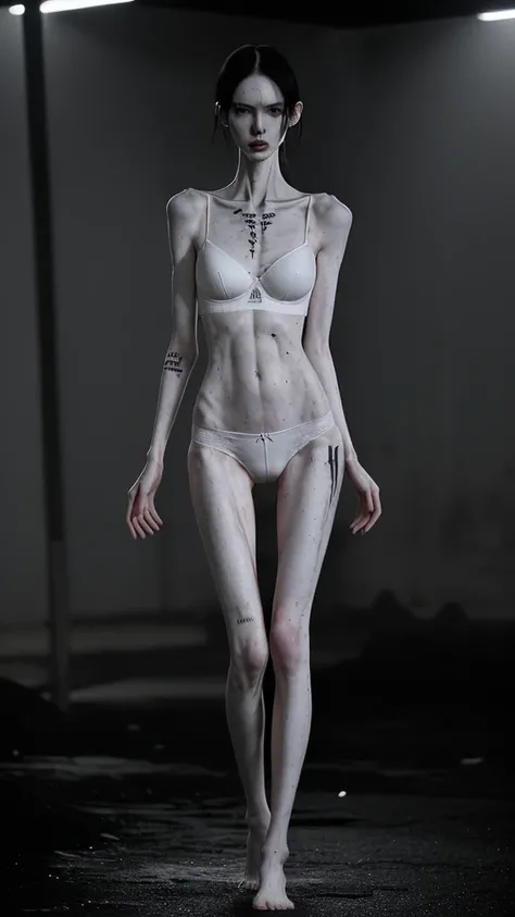 a woman, extremely thin body, visible bones, extremely slender, very pale white skin, sweaty wet body, panties, bra, tattoo, full body, mental breakdown, underground prison, dramatic lighting, cinematic, dark moody, gritty, realistic, masterpiece, 8k, high...