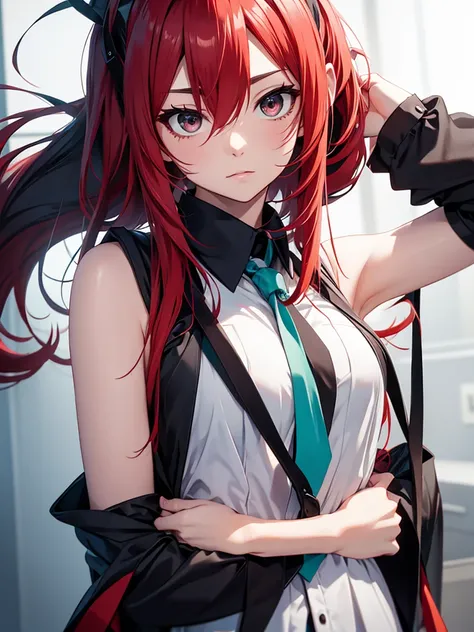 hatsune miku,  red hair, black eyes, yandere, crazy, insane