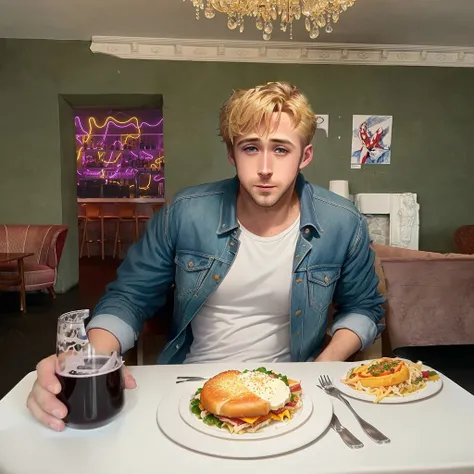 ryan gosling eating behind the table with three dishes on it: quebec dish with french fries and cheese, Pork tenderloin with mashed potatoes and turkey sandwich