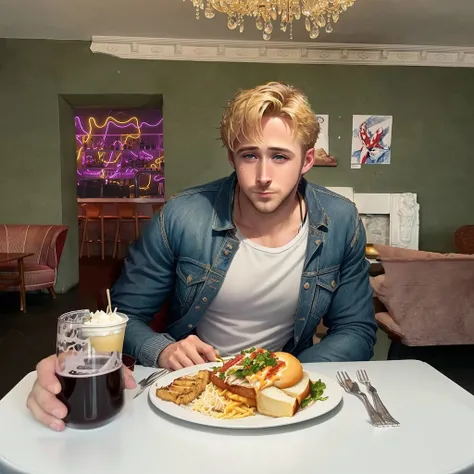 ryan gosling eating behind the table with three dishes on it: quebec dish with french fries and cheese, Pork tenderloin with mashed potatoes and turkey sandwich