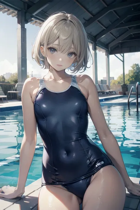 high quality、最high quality、Ultra-high resolution、Slender beauty、School Swimsuit、Gray Hair、Blonde Short Hair、Embarrassed look、Droopy eyes、Poolside