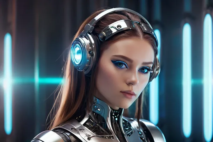 "A futuristic female cyborg with a beautiful, friendly face, designed for a lo-fi music YouTube channel background. She has a Russian-like appearance with long hair, large eyes, a high nose, and a wide mouth. Her body seamlessly integrates mechanical and o...