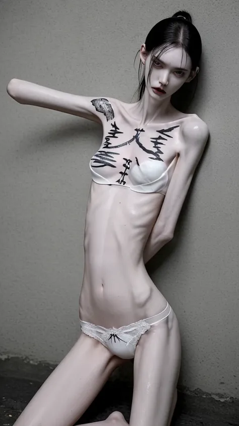 a woman, very thin body, body visible bones, very slender, pale white skin, sweaty wet body, panties, bra,tatto, full body, has a mental breakdown in an underground prison.