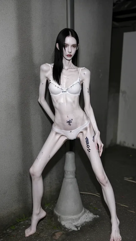 a woman, very thin body, body visible bones, very slender, pale white skin, sweaty wet body, panties, bra,tatto, full body, has a mental breakdown in an underground prison.