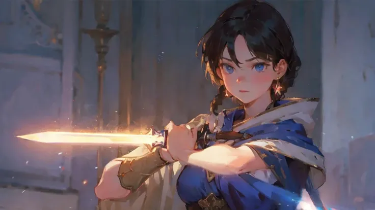 1girl (wielding a sword), blonde braided hair, golden earrings. Beautiful lights, iper-realistic, masterpiece, cinematic lighting, best quality.