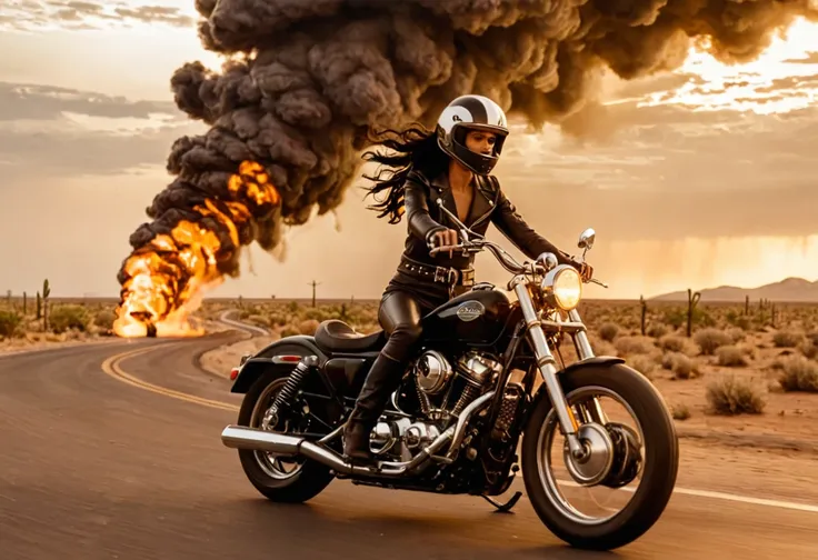 long view shot photo of a woman with a vintage 70s aesthetic, shiny metallic skeleton as her helmet, black wavy hair, black leat...