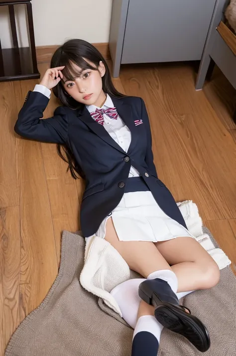 white collared shirt, blazer, bowtie, necktie, pleated skirt, micromini skirt, bobby socks, , white socks, loafers, school shoes,striped panties,(( pantyshot, panties shot)),,skirt up.cowboy shot.spread legs.((full body)).23yo .pee stain