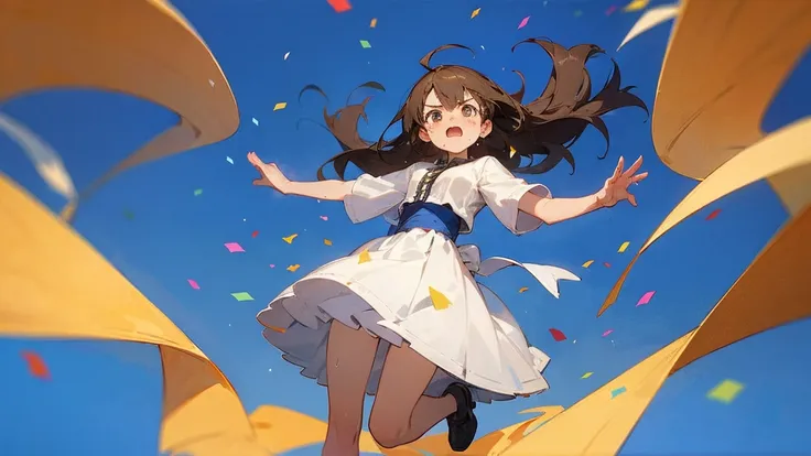 ((highest quality)), ((masterpiece)), ((very detailed)),floatingする女の子,angry expression，floating，floating，confetti，brown hair,tea...