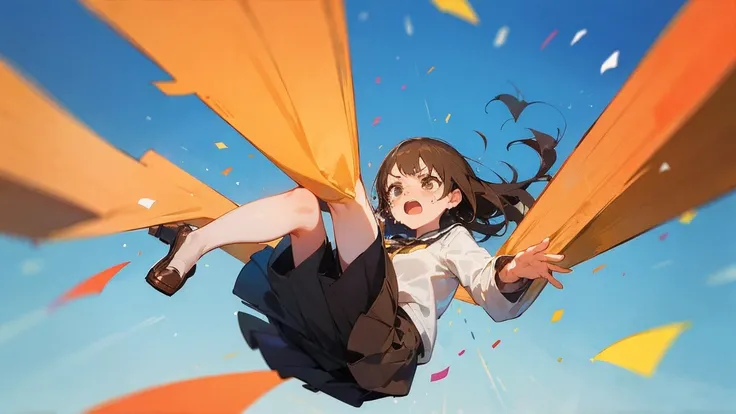 ((Highest quality)), ((masterpiece)), ((Very detailed)),Floatingする女の子,Angry expression，floating，Floating，Confetti，Brown Hair,tears,Levitating,Blue sky background,Feet in the air,tears,gravity,Long skirt,loafers,Raise both hands