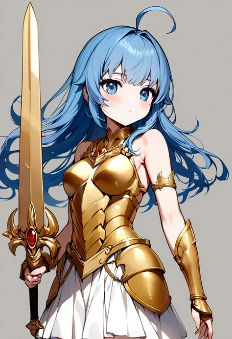 Warrior Girl, Long blue hair with an ahoge, golden torso sleevless armor, long gold boots, white skirt, with a short Sword