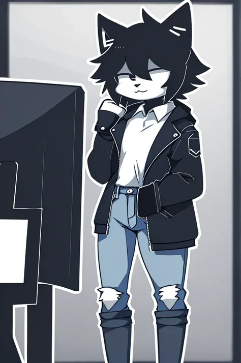 girl, furry, White cat, short hair, wide coffee boots, blue jeans, black open jacket, holding a white computer 