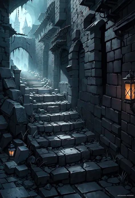 arafed stone steps leading up to a dark alley with a lantern lit building, photorealistic dark concept art, dark fantasy environ...