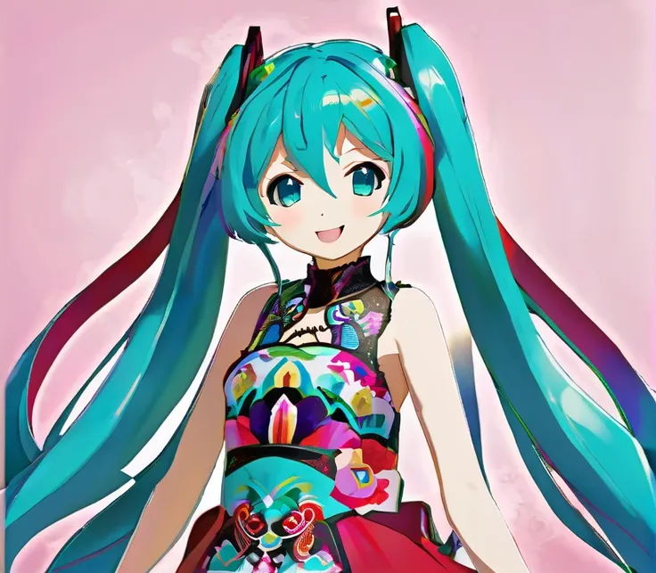 hatsune miku, colorful mexican dress, half body, smiling,  , dynamic pose,,  art, by pluma de genio,