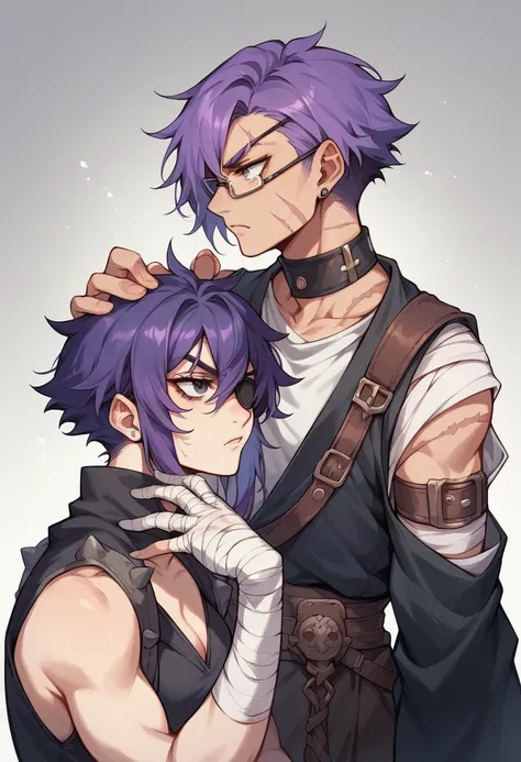 Tall and serious girl with purple hair with one black eye and the other with a patch and wears glasses on her head and has many scars wears black clothes and has bandages on her hands 