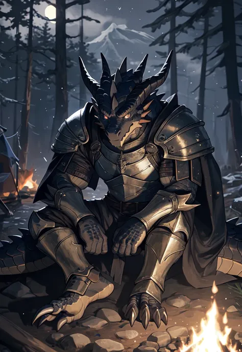 solo, kemono, (dragon), anthro, male, ((black body)), scales, tail, muscles, handsome, armor, medieval, fantasy, outdoors, outside, dark, night, forest, campfire, camp, stars, sitting, toe claws, epic, depth of field, perfect lighting, (light particles),(b...