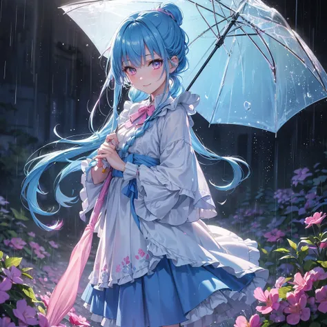 sky Blue hair, (braided ponytail),(pink eyes),fair skin ,(full body),(1 girl),smile,Straight Bangs,rainy,(masterpiece, best quality, ultra-detailed, best shadow), (detailed background), (beautiful detailed face), high contrast, (best illumination, an extre...