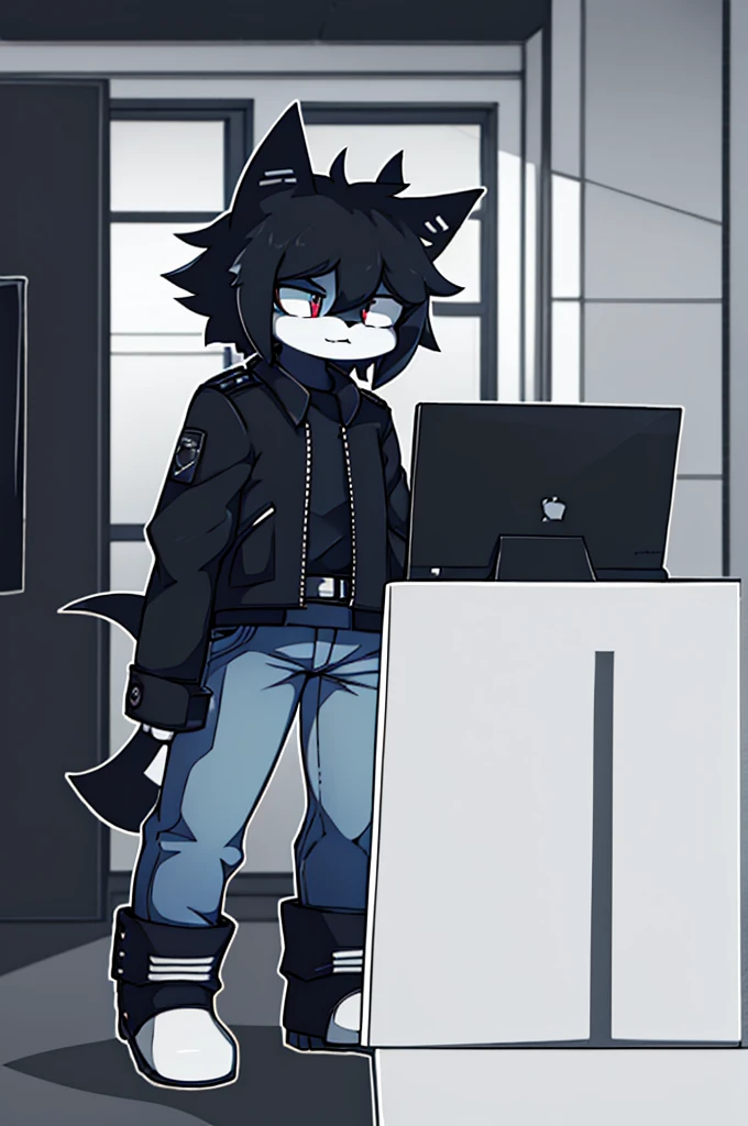 girl, furry, White cat, short hair, wide coffee boots, blue jeans, black open jacket, holding a white computer, alone, ojos negros