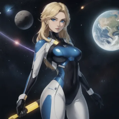 A portrait of an amazingly blonde woman with bright blue eyes, pale skin, shes wearing a tight glossy blue bodysuit, standing in the universe with a blue spar in her hand, SCI-FI themed, SCI-FI setting
