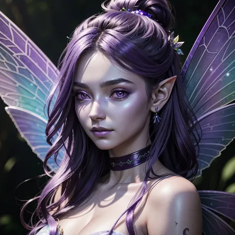 ((a fairy with purple skin)), portrait, flying, fairy wings, pointy ears, portrait, masterpiece, cinematic lighting, hyper detailed, 8k, photorealistic, lush fantasy environment, vivid colors, dramatic lighting