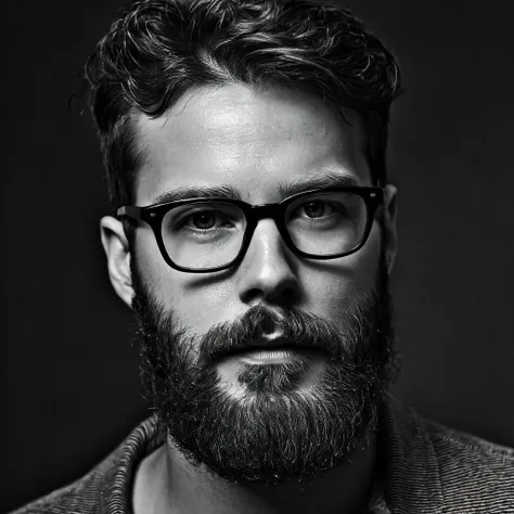 Professional raw 3x4 portrait of a bearded man with glasses, dramatic lighting, black background, sharp focus, high contrast, cinematic quality, moody atmosphere, chiaroscuro technique, piercing gaze, salt and pepper beard, rimless rectangular glasses, fur...