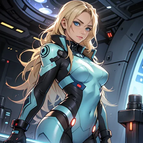 A portrait of an amazingly blonde woman with bright blue eyes, pale skin, shes wearing a tight glossy blue bodysuit, standing in the universe with a blue spar in her hand, SCI-FI themed, SCI-FI setting
