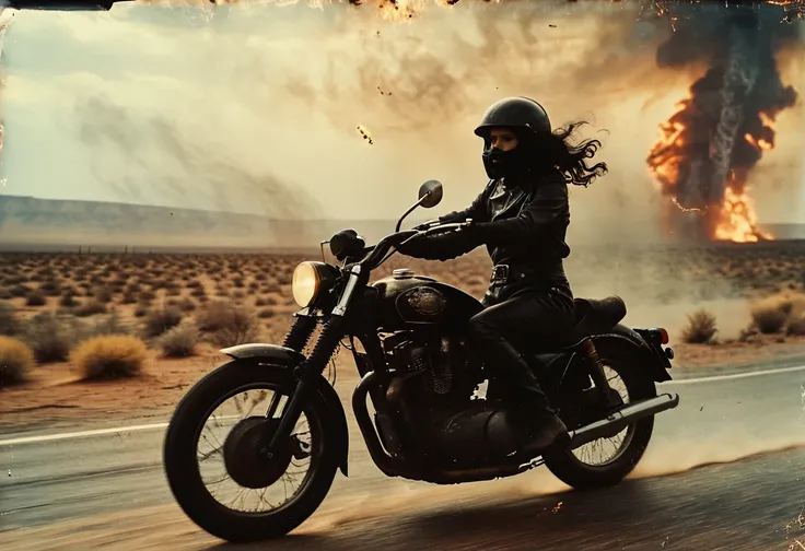 Long view shot photo of a woman with a vintage 70s aesthetic, shiny metallic skeleton as her helmet, black wavy hair, black leather outfit with intricate detail, a big tornado at the background, warm tones, faded colors, cinematic, nostalgic feel, candid p...