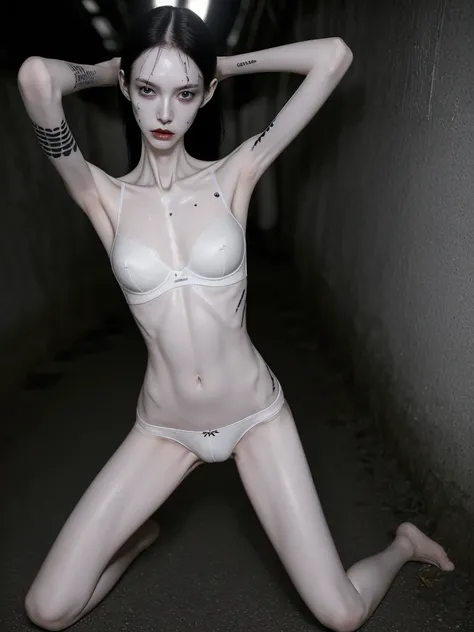 a woman, very thin body, body visible bones, very slender, pale white skin, sweaty wet body, panties, bra,tatto, full body, has a mental breakdown in an underground prison.