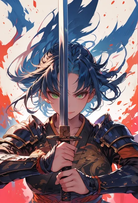 female samurai，has a samurai armor with black raven feathers on, blue hair and green eyes, breasts are visible, looks at the viewer, she looks at the viewer pessimistically, Smiles