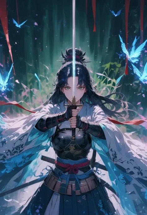 female samurai，has a samurai armor with black raven feathers on, blue hair and green eyes, breasts are visible, looks at the viewer, she looks at the viewer pessimistically, Smiles