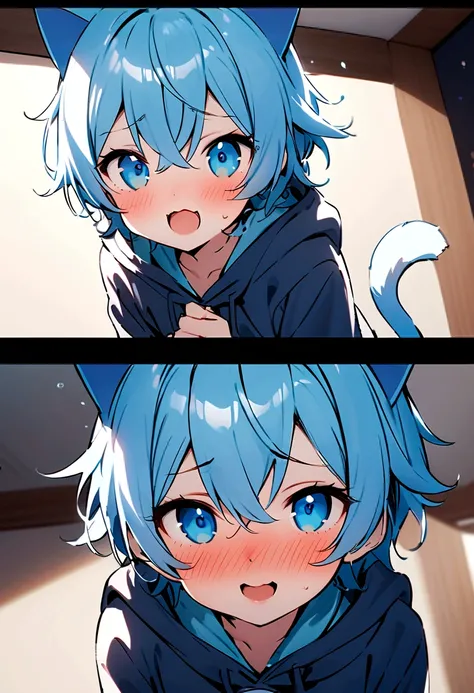 hoodieを着た男の子1名, Shota, Cat ear, Cat&#39;s Tail,,  Embarrassed, (masterpiece), Highest quality, Expressive eyes, Perfect Face, smile, Open your mouth, Full Color, detailed, 8K, 4K, High resolution, Symmetric, Extraordinary cuteness, Best aesthetics, school ...