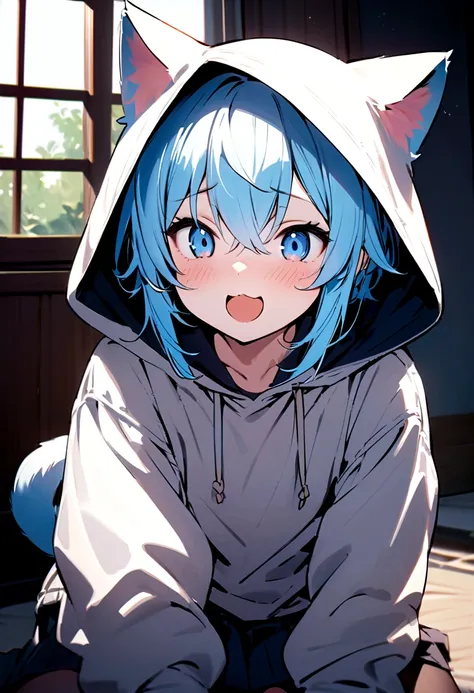 hoodieを着た男の子1名, Shota, Cat ear, Cat&#39;s Tail,,  Embarrassed, (masterpiece), Highest quality, Expressive eyes, Perfect Face, smile, Open your mouth, Full Color, detailed, 8K, 4K, High resolution, Symmetric, Extraordinary cuteness, Best aesthetics, school ...