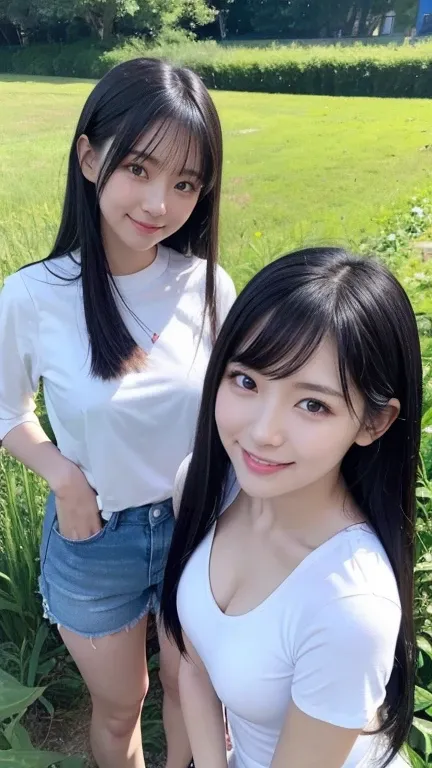 Two beauties、Shiny Hair、Slanted Eyes、Glowing Skin、Very white skin、Glowing Skin、Jet Black Hair、Straight Hair、Stand for two、Bend over and peer at me、sunny、blue sky、smile、Smile with your mouth closed、Light clothing、No sleeve、Shorts、field、Big eyes、Looking up、s...