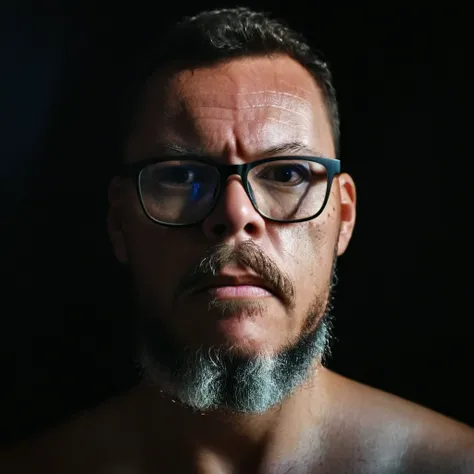 Professional raw 3x4 portrait of a bearded man with glasses, dramatic lighting, black background, sharp focus, high contrast, cinematic quality, moody atmosphere, chiaroscuro technique, piercing gaze, salt and pepper beard, rimless rectangular glasses, fur...