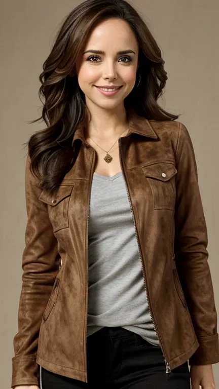 Eliza Dushku dressed in suede clothes with a smile